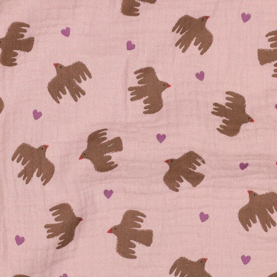 vogels en hartjes hydrofiel roze beige van kickenstoffen