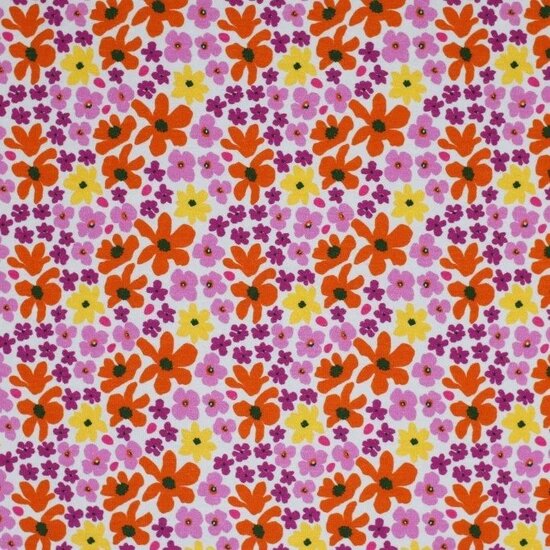 Beebs paars geel oranje retro bloem tricot KicKenStoffen