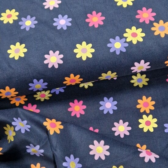 daisy flower corduroy baby rib marine met kleurtjes en glitters  - KicKenStoffen 