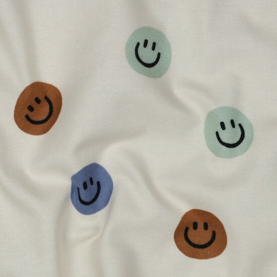 smiley flanelstof Poppy fabrics - kickenstoffen blauw bruin mint