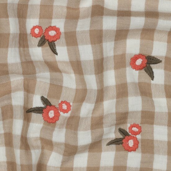 ruitjes en geborduurde bloemen hydrofiel beige - kickenstoffen - poppy