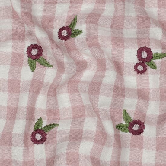 ruitjes en geborduurde bloemen hydrofiel mauve - kickenstoffen - poppy
