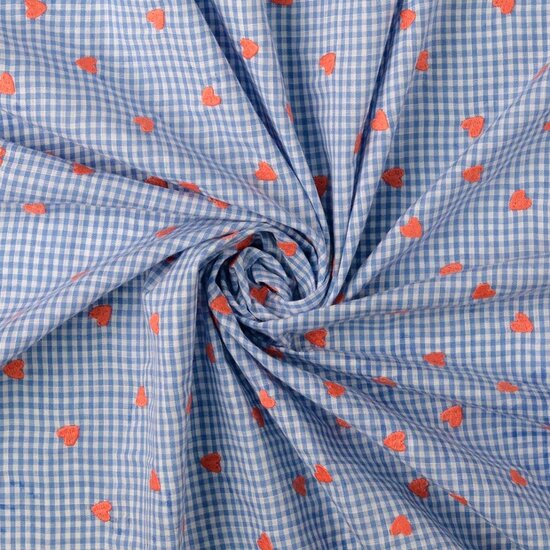 Seersucker ruitje met geborduurde rode hartjes blauw