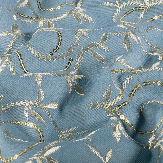 leafs denim broderie - licht blauw - kickenstoffen