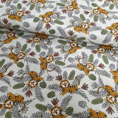 wit (natural) camel oker terracotta groen zwart leeuwen tijger en palmbladeren jungle katoen