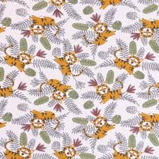 wit (natural) camel oker terracotta groen zwart leeuwen tijger en palmbladeren jungle - tricot