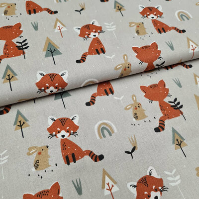 grijs (licht) terracotta zee groen vosjes / panda en beige konijntjes, regenboog en bosdieren - tricot