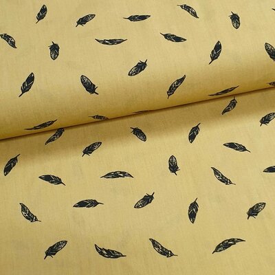 geel (mosterd/oker) zwart veertjes poplin katoen