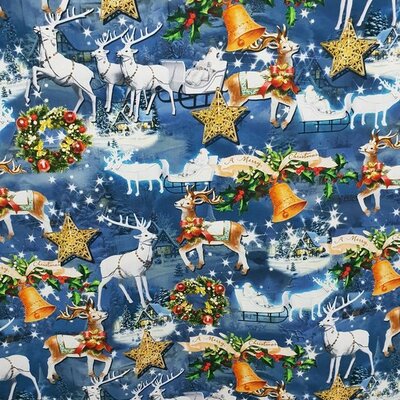 blauw wit goud rood groen kerst rendieren x-mas digitaal poplin katoen (op=op)