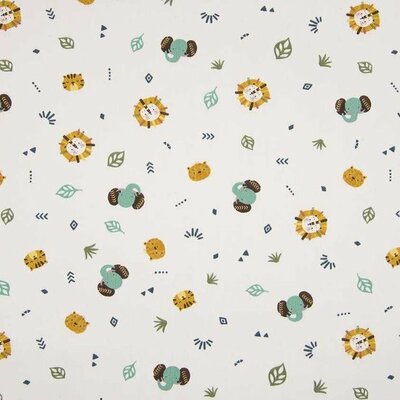 wit oker groen leeuw olifant tijger jungle diertjes met bladeren poplin katoen