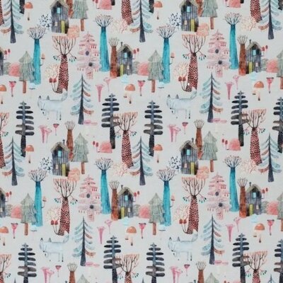 wit (off white) terracotta petrol zwart perzik wolf in het bos huisje boompje bosdiertjes digitaal poplin katoen