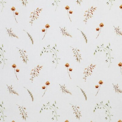 wit (off white) cognac groen strobloempjes blaadjes en planten - digitaal fijne katoenen Baby rib tricot SOFT
