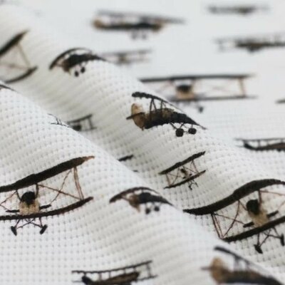 nog 1,1m - wit (off white) bruin vliegtuig digitaal katoenen WAFEL tricot (op=op) 