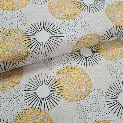wit mosterd/oker zwart kaleidoscope rondjes zonnetjes ROXX poplin katoen