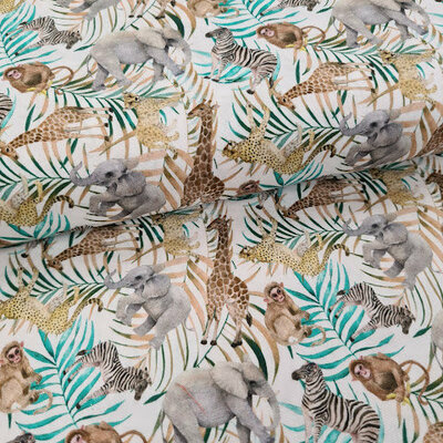 wit groen bruin grijs cognac Savanne dieren zebra aap giraf luipaard olifant - digitaal poplin katoen