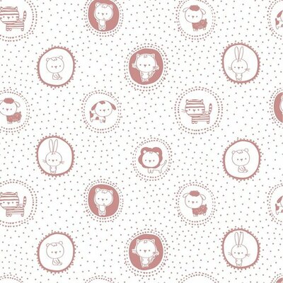 wit roze (blush) stipjes & schattige diertjes hond poes konijn schaap tijger leeuw beer poplin katoen