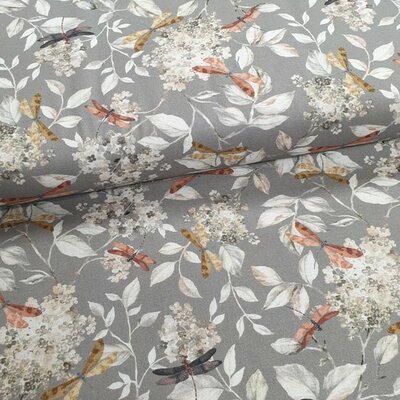 grijs terracotta camel groen wit libelle, bloemen en blaadjes katoen udi digitaal