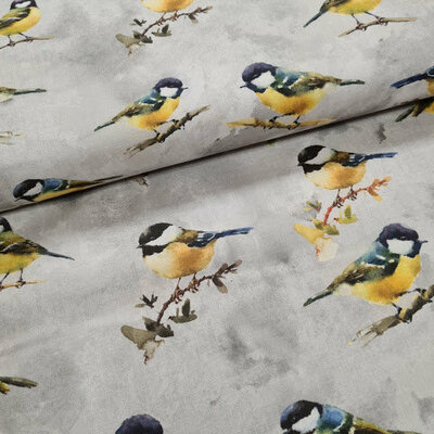 grijs geel blauw groen vogels blaadjes takjes udi digitaal katoen (op=op)