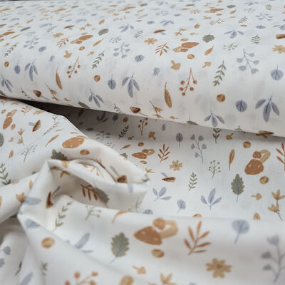 wit blauw (jeans) perzik groen blaadjes en paddenstoeltjes herfst poplin katoen