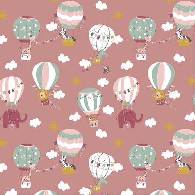 nog 1m - roze (blush) mint groen geel oker wit dieren in luchtballon geruwde poplin katoen (op=op)