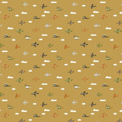 nog 1,5m - camel/mosterd groen wit bruin oranje vliegtuigen en wolkjes geruwde poplin katoen (op=op)