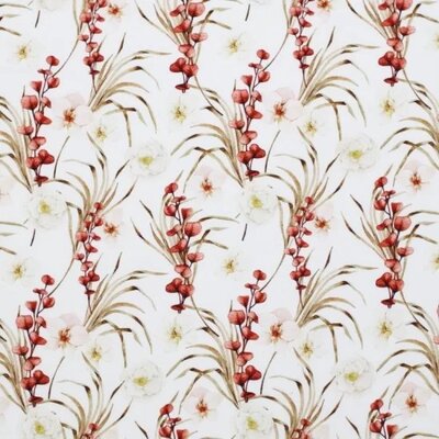 wit (off white) rood groen wit orchidee en eucalyptus bloemen - digitaal poplin katoen