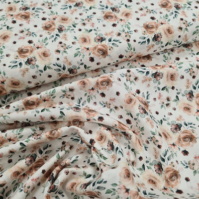 white beige brown natural green leaves roses flowers digital cotton