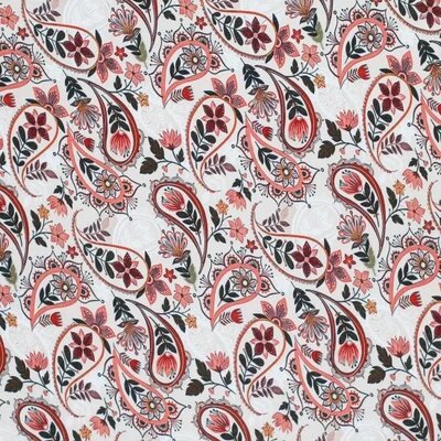 wit (natural) roze donker rood groen blaadjes paisley bloemen - digitaal poplin katoen