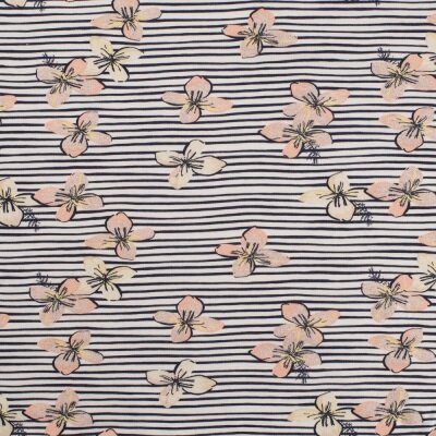 wit donker blauw strepen roze bloemen - tricot (op=op)