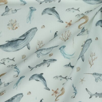 nog 45cm - wit grijs camel blauw zeeleven (walvis haai zeester schelp) - digitaal poplin katoen (op=op)