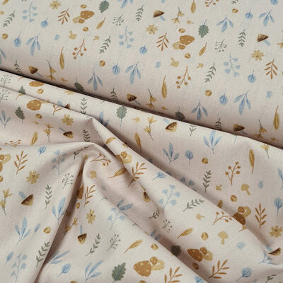 roze (nude) blauw (jeans) perzik groen blaadjes en paddenstoeltjes herfst poplin katoen (op=op) 