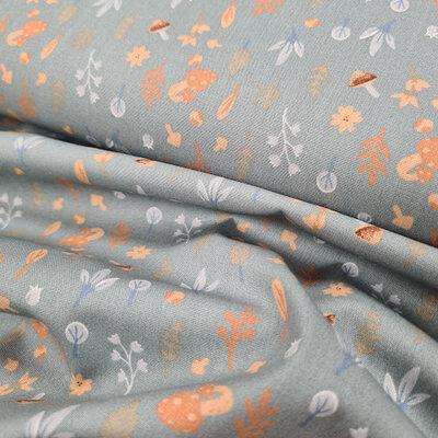 groen (zee) blauw (jeans) perzik blaadjes en paddenstoeltjes herfst poplin katoen (op=op)