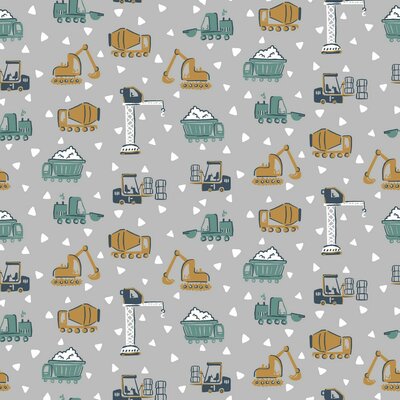 nog 1,7m - grijs oker wit groen terracotta heftruck betonwagen graafmachine werk voertuigen en triangels biologisch poplin katoen (op=op)