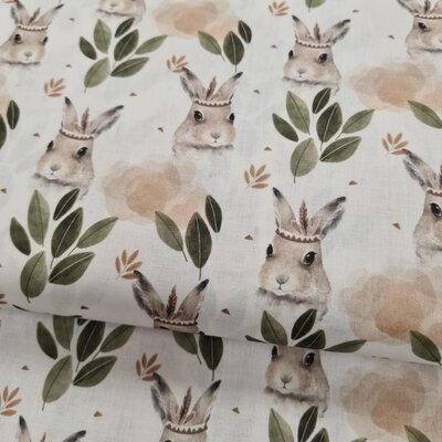 wit beige camel groen konijnen dieren en bladeren digitaal katoen