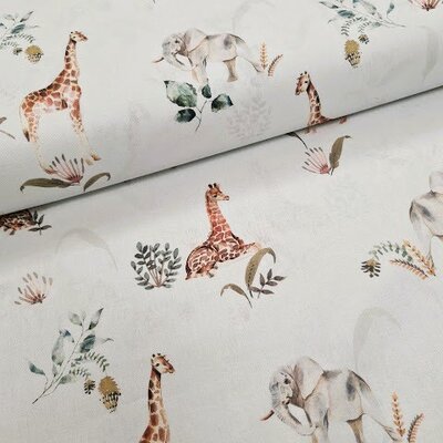 wit grijs groen camel bruin jungle dieren olifant giraf en bladeren digitaal katoen