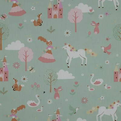 groen (vintage warm) wit cacao roze prinses kasteel en paarden digitaal poplin katoen