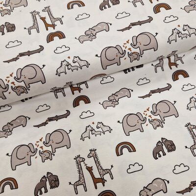 wit bruin grijs getekende Zoo dieren olifant aap krokodil zebra nijlpaard - tricot