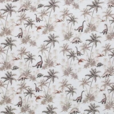 off white beige taupe green dinosaures jungle animals digital double gauze