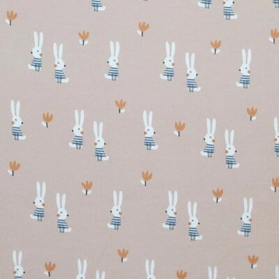 beige (natural) perzik wit blauw konijntjes - digitaal fijne katoenen Baby rib tricot SOFT (op=op)