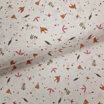 wit olijf groen terracotta roze vogeltjes en blaadjes katoen