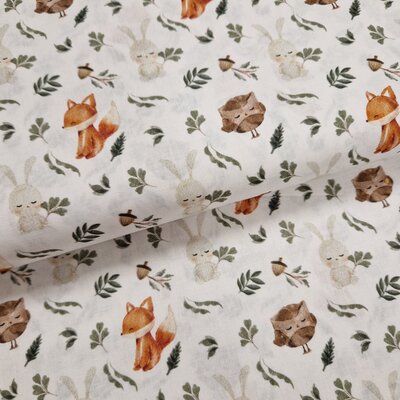 white brown beige green terracotta fox rabbit owl and leaves digital cotton