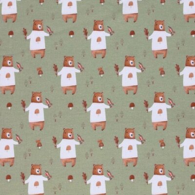 groen (olijf) bruin cacao wit beer beren - digitaal fijne katoenen Baby rib tricot SOFT (op=op)