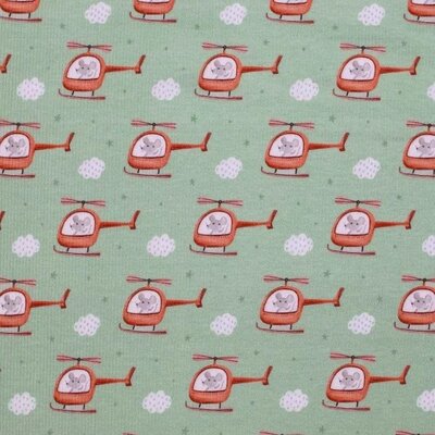 groen (dusty) cognac wit muis in helicopter en wolken - digitaal fijne katoenen Baby rib tricot SOFT (op=op)