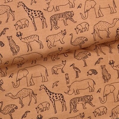 nog 80cm - cognac (almond) zwart getekende safari dieren  -  french terry (op=op)