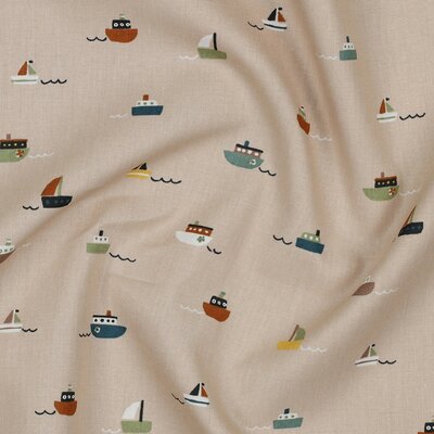 beige blauw groen geel terracotta bootjes en schepen digitaal biologisch poplin katoen (op=op)