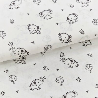 wit donker grijs/zwart olifantjes, bomen en vogeltjes biologisch poplin katoen (op=op)