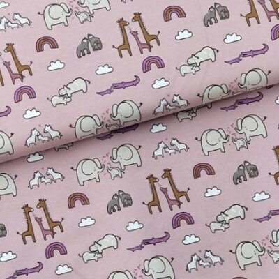 roze wit bruin grijs getekende Zoo dieren olifant aap krokodil zebra nijlpaard - tricot (op=op)
