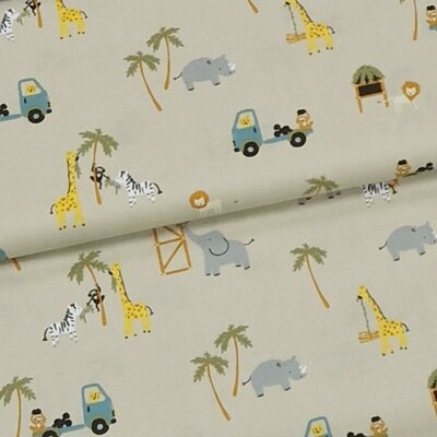 beige grijs oker groen cacao Safari dieren en vrachtauto poplin katoen (op=op)
