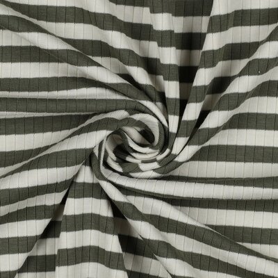 nog 1,1m - wit groen (mat olijf) strepen katoenen BREDE Baby rib tricot (op=op)