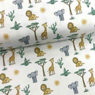 nog 1m- wit camel cognac groen grijs Jungle Dieren leeuw olifant giraf - digitale tricot (op=op)